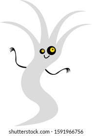 funny gray ghost with a smile and sparkling orange eyes looks like a vapor cloud object on a white background mysticism and halloween concept