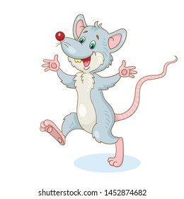 Funny gray happy rat is running. In cartoon style. Isolated on white background. Vector illustration.