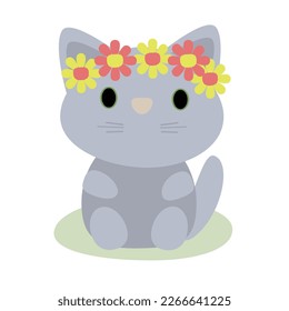 Funny gray kitten with wreath of flowers on her head .Spring children illustration in flat style 