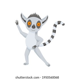 Funny gray lemur dance and waving. The fluffy striped tail curves. Cute baby animal in cartoon style. Vector illustration, isolated color elements on a white background