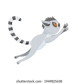 Funny gray lemur jumps high. The fluffy striped tail curves. Cute baby animal in cartoon style. Vector illustration of levitation, isolated color element on a white background