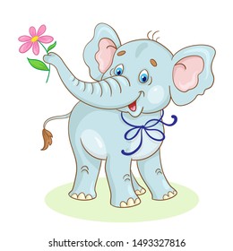 Funny gray little elephant with a flower in his trunk. In cartoon style. Isolated on a white background. Vector illustration.