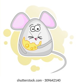 Funny gray mouse with a piece of cheese on a beautiful background, vector illustration.