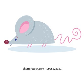 Funny gray mouse - a symbol of the New Year. In a flat style. Isolated on white background. Vector illustration.