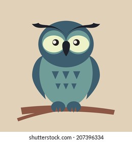funny gray owl sits on a stick