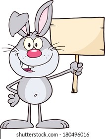 Funny Gray Rabbit Cartoon Character Holding A Wooden Board. Vector Illustration Isolated on white