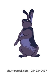 Funny gray rabbit with long ears. Cute little bunny stands on hind legs. Domestic or wild hare icon. Lovely small animal of farm or forest. Flat isolated vector illustration on white background