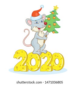 Funny gray rat - a symbol of the new year stands with a Christmas tree in his hands. Under rat a number 2020, carved from cheese. In cartoon style. Isolated on a white background. Vector illustration.