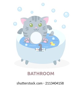 funny gray tabby cat in the bathroom, illustration kitten takes a bath and washes, room sign in cartoon style