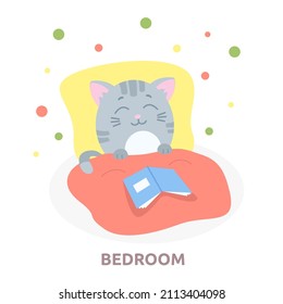 funny gray tabby cat in the bedroom, illustration of a kitten lies in bed with a book, rests on a pillow and sleeps under a blanket, room sign in cartoon style