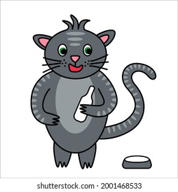 El gato gris pardo con una lata de leche y un tazón.