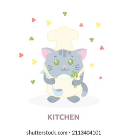 gatito de manteles grises en la cocina, ilustración de un cocinero gatito en el sombrero del chef y delantal, preparación de la comida, cartel de la habitación al estilo de dibujos animados