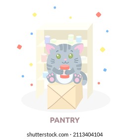 Funny Gray Tabby Cat In Pantry, Illustration Of A Kitten Sitting On A Box With A Jar Of Canned Food, Room Sign In Cartoon Style