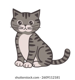 Funny gray tabby cat vector illustration, isolated on white background, cute kitten with fat paws design element for greeting card, decoration, t-shirt print.