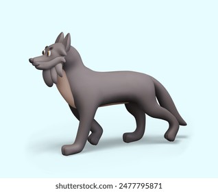 Funny gray wolf in 3D cartoon style. Vector forest predator walking