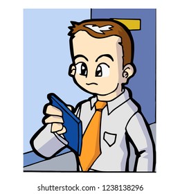 Funny and great businessman looking at his gadget - vector.