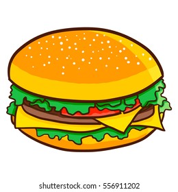 Funny and great cheese burger in cartoon style - vector.