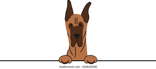 Funny Great Dane dog with paws over a white wall, in a pocket vector illustration. Funny dog smiling. Cute dog head on a white background. Hand-drawn mascot. Smiling dog muzzle. BFF.