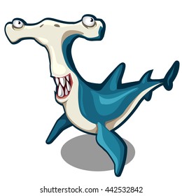 Funny Great Hammerhead Shark bares its sharp fangs. Cartoon fish isolated on a white background. Vector illustration.