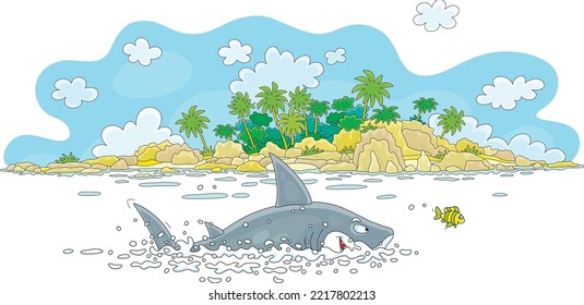 Funny great white shark and a cheerful small fish playing catch-up in a lagoon of a tropical palm island in a southern sea, vector cartoon illustration isolated on a white background