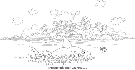 Funny great white shark and a cheerful small fish playing catch-up in a lagoon of a tropical palm island in a southern sea, black and white outline vector cartoon illustration for a coloring book page