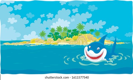 Funny great white shark insidiously smiling and swimming in blue water of a tropical sea near a beautiful palm island, vector cartoon illustration