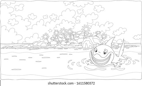 Funny great white shark insidiously smiling and swimming in water of a tropical sea near a beautiful palm island, black and white vector cartoon illustration