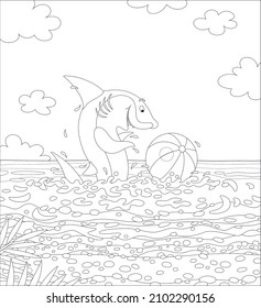 Funny great white shark jumping out of water and playing a big striped ball on a summer beach in a tropical sea, black and white outline vector cartoon illustration for a coloring book page