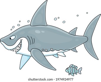 Funny great white shark slyly smiling and swimming with a small striped fish in water of a tropical sea, vector cartoon illustration isolated on a white background