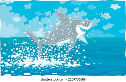 Funny great white shark and a small striped fish in splashes jumping out of water in a tropical sea, vector cartoon illustration
