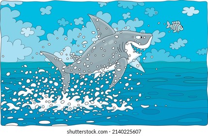 Funny great white shark and a small striped fish in splashes jumping out of water in a tropical sea, vector cartoon illustration