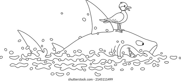 Funny great white shark and a small seagull swimming in open waters of a tropical sea, black and white vector cartoon illustration for a coloring book page