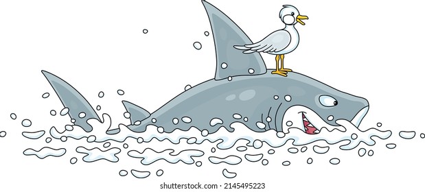 Funny great white shark and a small seagull swimming in open waters of a tropical sea, vector cartoon illustration isolated on a white background