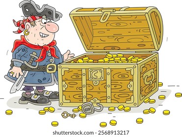 Funny greedy for money sea pirate and an old treasure chest full of golden coins from a boarded ship, vector cartoon illustration on a white background