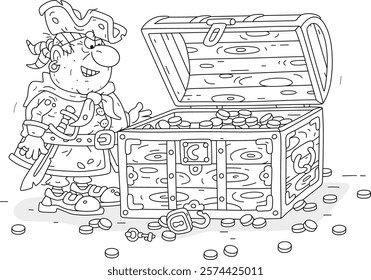 Funny greedy for money sea pirate and an old treasure chest full of golden coins from a boarded ship, black and white vector cartoon illustration for a coloring book