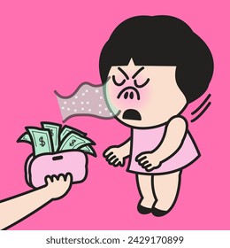 Funny Greedy Woman Smelling Money. Being Happy With Money Concept Card Character illustration