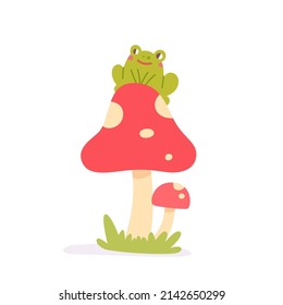 Funny green adorable frog sitting on fly agaric mushrooms vector illustration. Cartoon cute forest toad and toadstools, childish decoration with water swamp animal and wild plant isolated on white