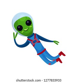 Funny green alien with big eyes wearing blue space suit flying in Space, alien positive character cartoon vector Illustration