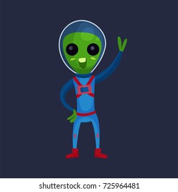 Funny green alien with big eyes wearing blue space suit waving his hand, alien positive character cartoon vector Illustration