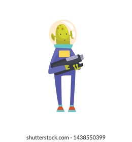 Funny Green Alien with Blaster, Funny Humanoid Cartoon Character in Blue Space Suit and Helmet Vector Illustration