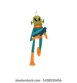 Funny Green Alien with Blaster, Humanoid Cartoon Character with Big Eyes Oval Shape and Small Antenna Wearing Space Suit Vector Illustration