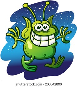 Funny green alien with bulging eyes, pointy ears and a pair of antennae while staring at you, grinning, extending its arms and walking cautiously with a scene of the space full of stars as background