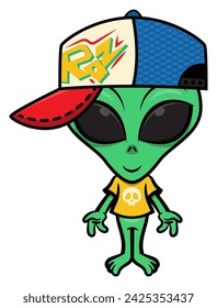 Funny Green Alien cartoon characters wearing street wear outfit like trucker cap with spray paint text drawn and t-shirt with skull drawn. best for mascot or sticker with extraterrestrial themes