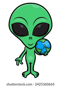 Funny Green Alien cartoon characters holding planet earth with it's hand. best for mascot, logo, and sticker with extraterrestrial themes