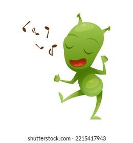 Funny Green Alien Character with Antenna on Head Dancing and Singing to Music Vector Illustration