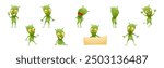 Funny Green Alien Character with Big Eyes and Small Antenna on Head Engaged in Different Action Vector Set