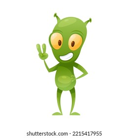 Funny Green Alien Character with Big Eyes and Small Antenna on Head Shooting V Sign Hand Gesture Vektor Illustration