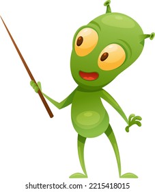 Funny Green Alien Character with Big Eyes and Small Antenna on Head Standing with Pointer Vector Illustration