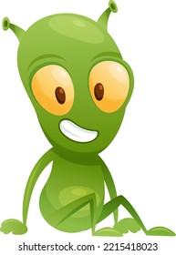 Funny Green Alien Character with Big Eyes and Small Antenna on Head Sitting and Smiling Vector Illustration