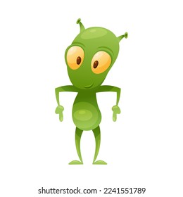 Funny Green Alien Character with Big Eyes and Small Antenna on Head Standing and Pointing Finger Down Vector Illustration